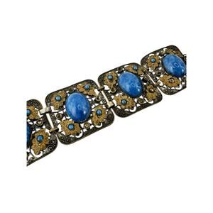 Vintage Floral Blue Aventurine Oval Stones Ornate Panel Bracelet 6”